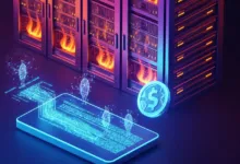 Digital server room with glowing dollar coin and data flowing to a phone.