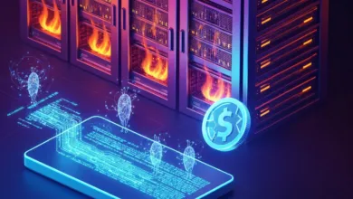 Digital server room with glowing dollar coin and data flowing to a phone.