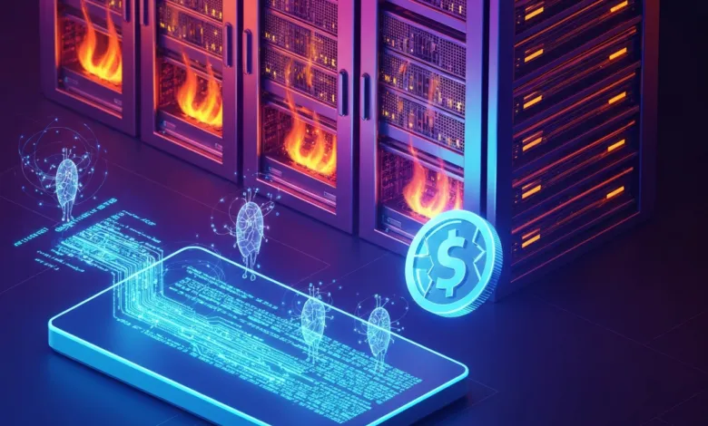 Digital server room with glowing dollar coin and data flowing to a phone.