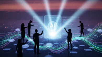 Silhouetted figures interact with AI interface, data streams, and code displays.