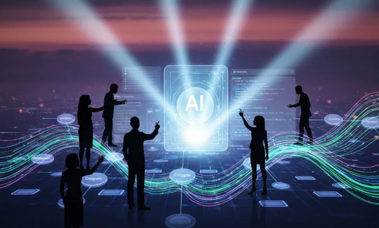 Silhouetted figures interact with AI interface, data streams, and code displays.