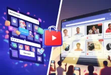 WooCommerce app interface with shopping bag icon and people watching product videos.