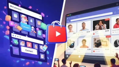 WooCommerce app interface with shopping bag icon and people watching product videos.