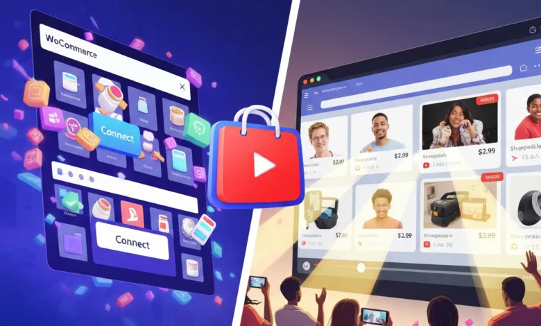 WooCommerce app interface with shopping bag icon and people watching product videos.