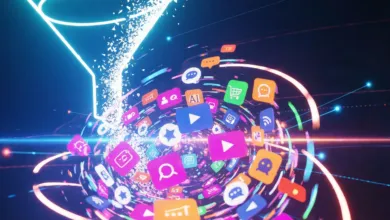 Funnel with app icons flowing through, representing data processing.