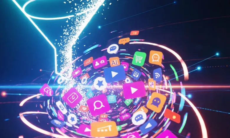 Funnel with app icons flowing through, representing data processing.