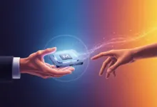 Hand in suit offers glowing device with 'M' to another reaching hand.