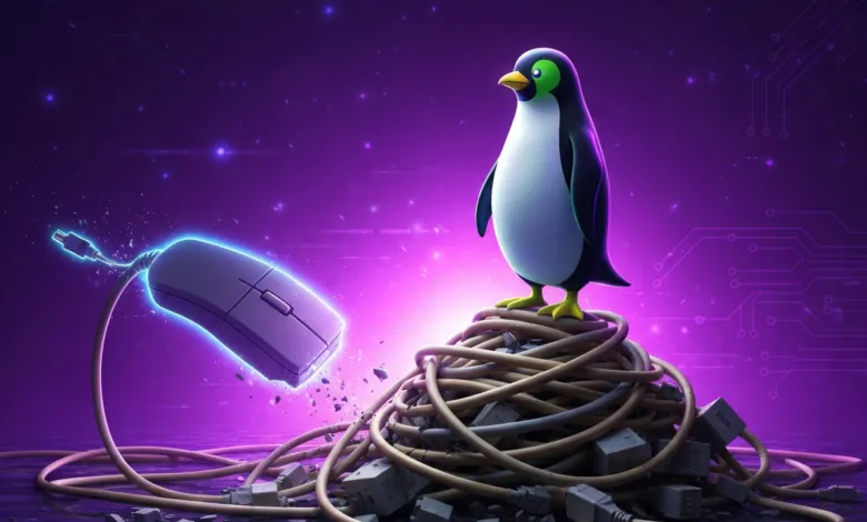 Cartoon penguin stands on tangled cables next to a glowing computer mouse.