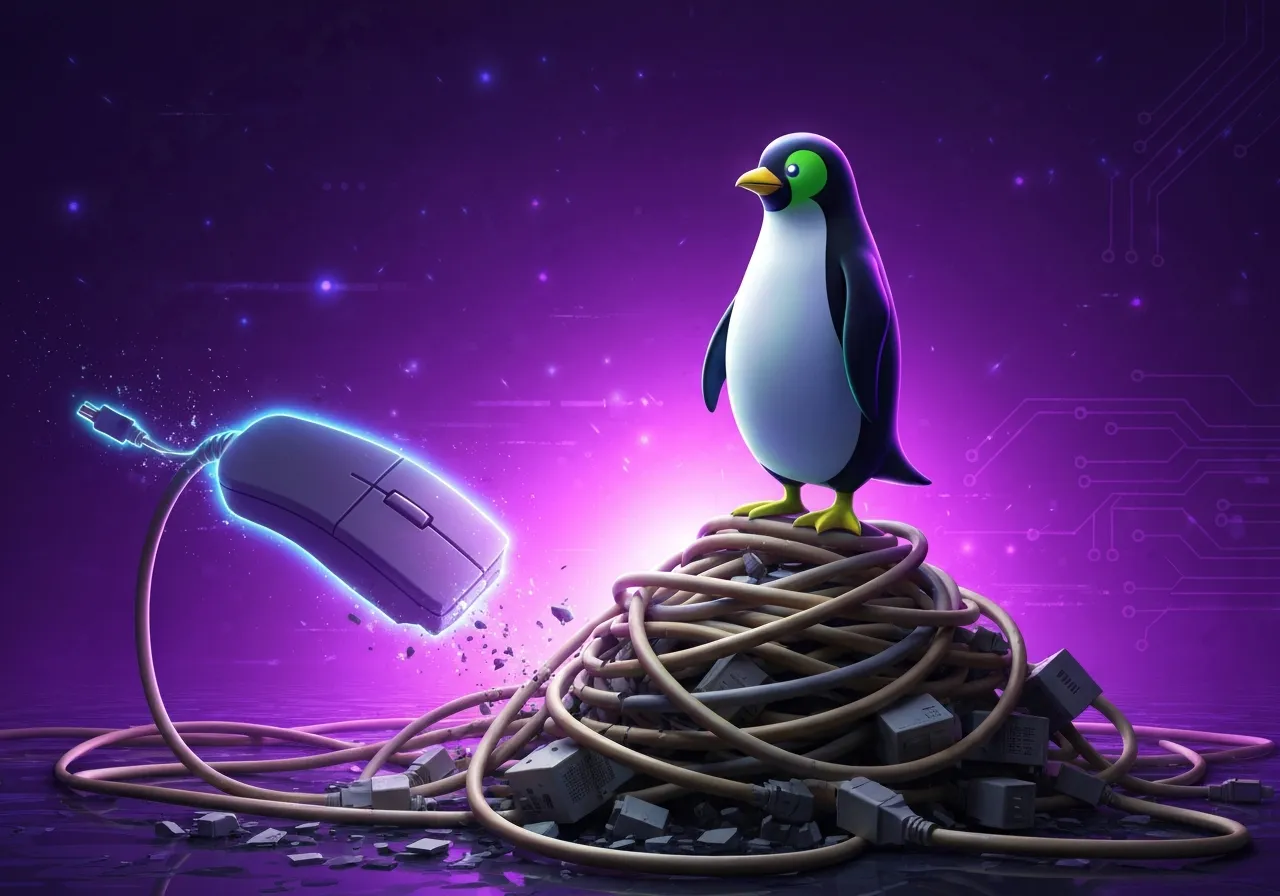 Cartoon penguin stands on tangled cables next to a glowing computer mouse.