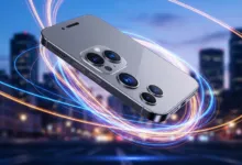 Silver smartphone with triple camera system against blurred city backdrop.