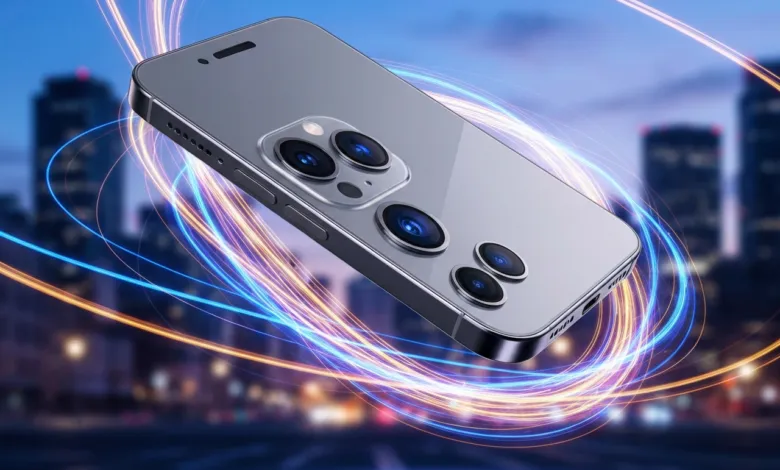 Silver smartphone with triple camera system against blurred city backdrop.