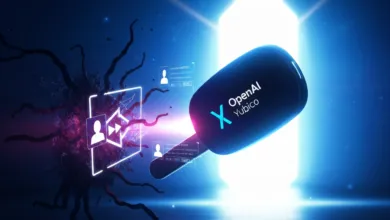 Abstract AI concept with OpenAI and Yubico logos, glowing portal, and data visualization.