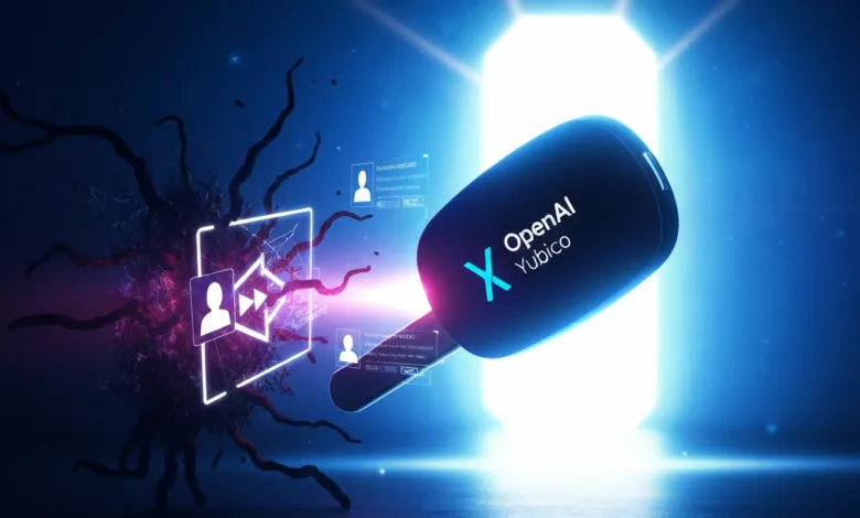 Abstract AI concept with OpenAI and Yubico logos, glowing portal, and data visualization.