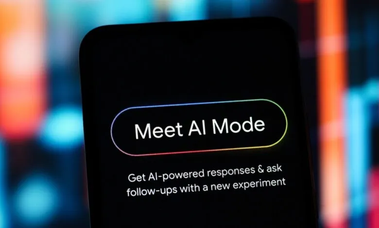 Smartphone screen displaying 'Meet AI Mode' with colorful outline.