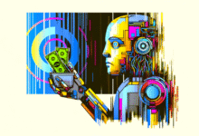 Colorful robot holding money, representing AI and finance.