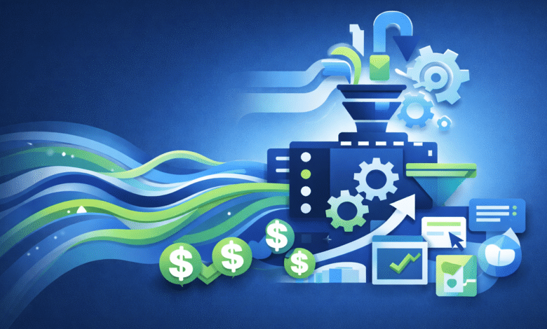 Abstract illustration of a data processing system leading to increased revenue.