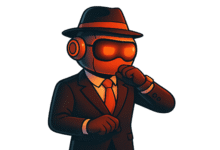 Cartoon robot spy wearing a suit and fedora on a black background.