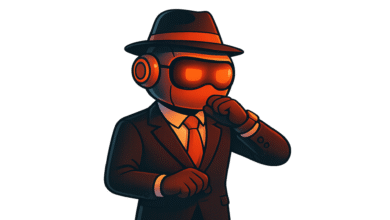 Cartoon robot spy wearing a suit and fedora on a black background.