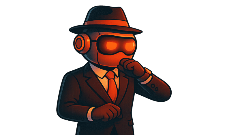 Cartoon robot spy wearing a suit and fedora on a black background.