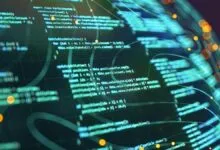 Abstract code visualization with glowing lines and bokeh effects.