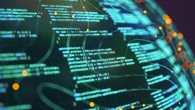 Abstract code visualization with glowing lines and bokeh effects.