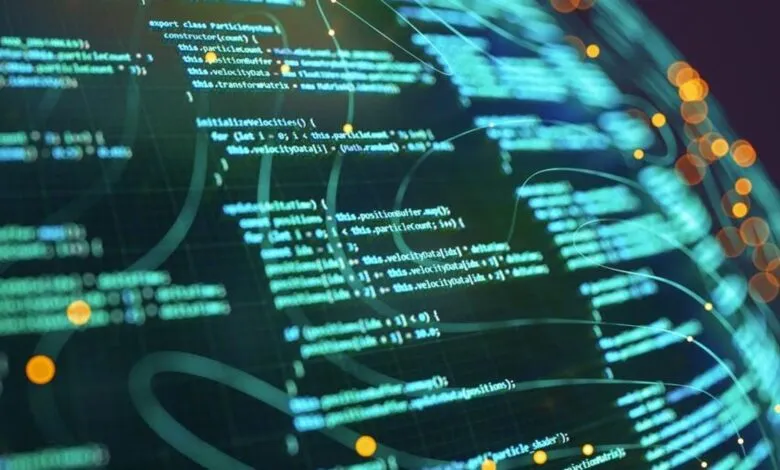 Abstract code visualization with glowing lines and bokeh effects.