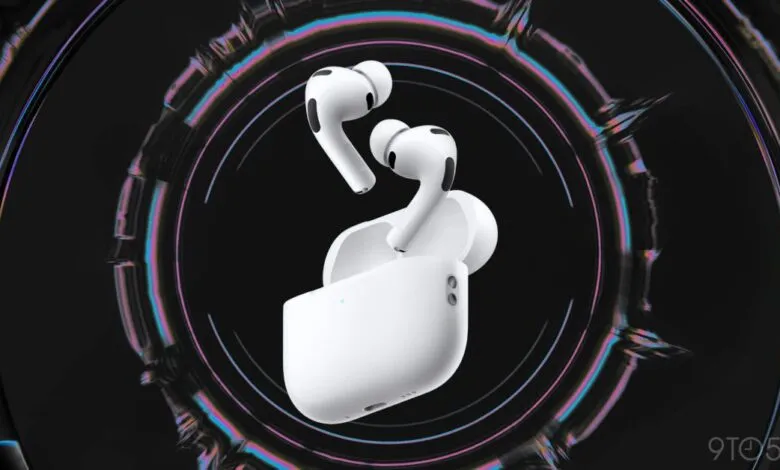 Apple AirPods Pro 3 with charging case on a dark, abstract background.