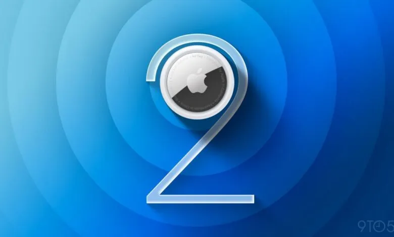 Apple AirTag 2 concept design on blue gradient background.