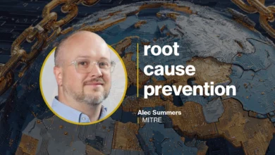 Alec Summers of MITRE presents on root cause prevention with digital globe background.