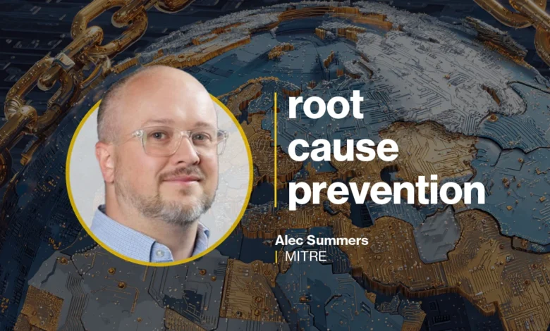 Alec Summers of MITRE presents on root cause prevention with digital globe background.