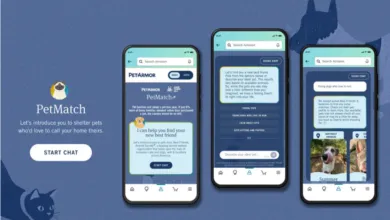 PetMatch app interface on three phones showing pet adoption options.