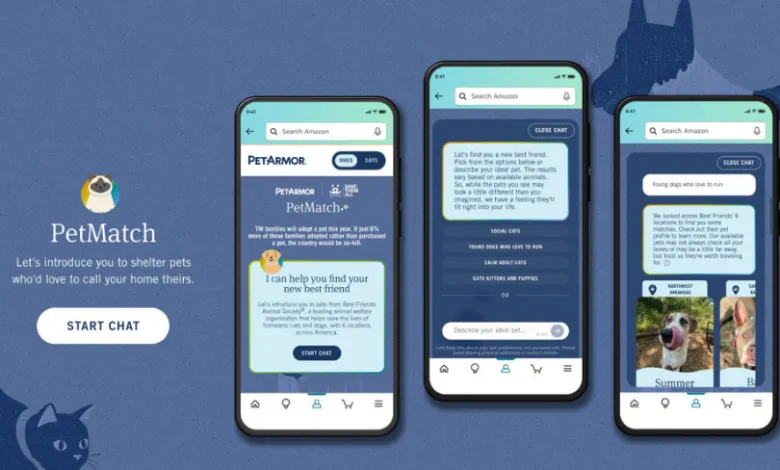PetMatch app interface on three phones showing pet adoption options.
