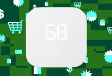 White smart thermostat displaying '68' against a green shopping-themed background.