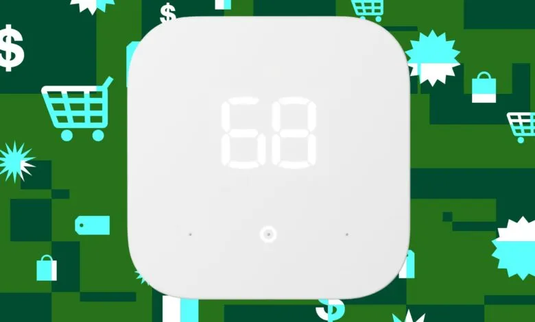 White smart thermostat displaying '68' against a green shopping-themed background.