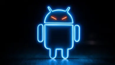 Neon Android logo with glowing blue outline and red eyes.