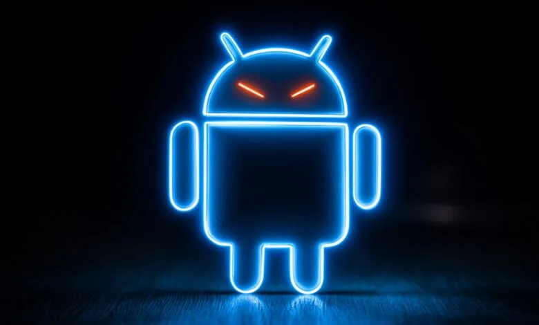 Neon Android logo with glowing blue outline and red eyes.