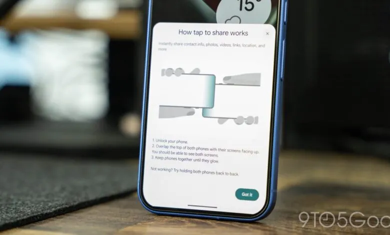 Smartphone displaying 'How tap to share works' instructions.