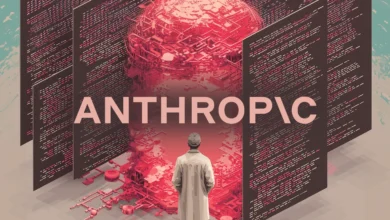 Anthropic AI illustration with code, data sphere, and a figure in a lab coat.