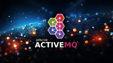 Apache ActiveMQ logo with network of connected nodes in background.