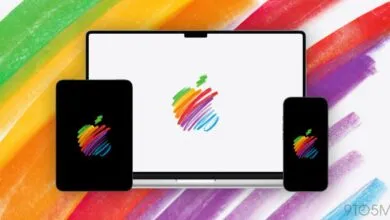 Apple devices displaying a rainbow Apple logo on a colorful background.