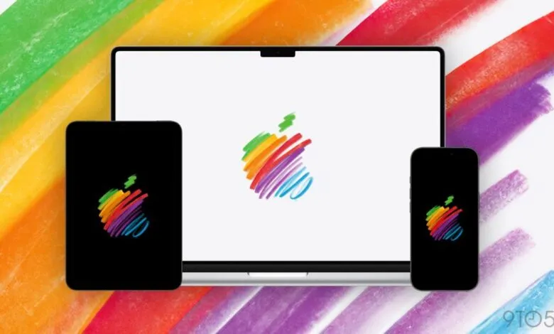 Apple devices displaying a rainbow Apple logo on a colorful background.