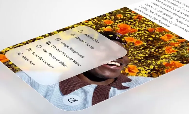 Phone screen shows a man smiling against a flower background with menu options.