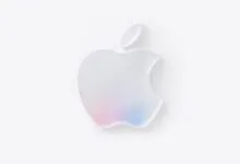Apple logo with subtle pastel colors on a white background.