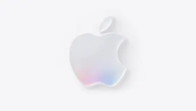 Apple logo with subtle pastel colors on a white background.
