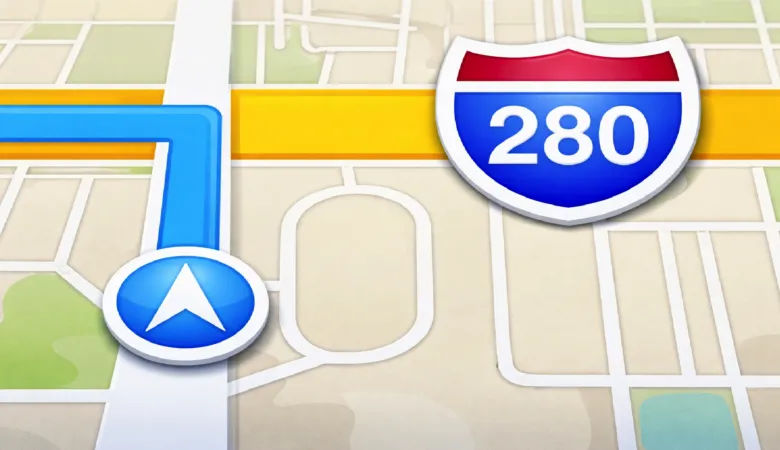 Apple Maps interface showing route guidance and Interstate 280 sign.