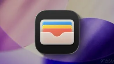 Apple Wallet app icon with blue, yellow, and red cards on purple background.