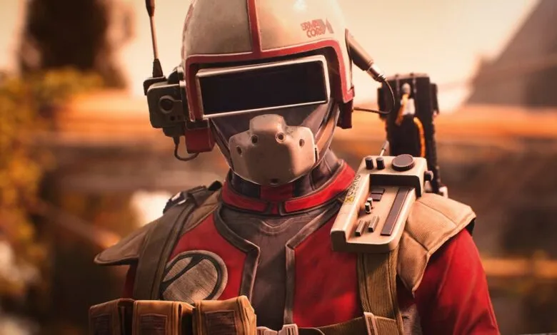 Futuristic soldier in red and white armor with a helmet and visor.