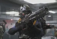 Soldiers in futuristic armor holding weapons in a smoky environment.