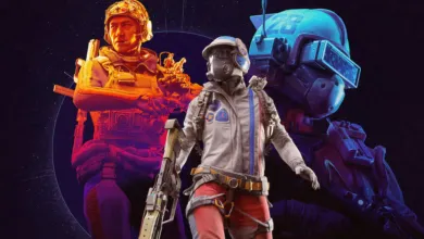 Three futuristic soldiers in tactical gear against a dark, cosmic backdrop.