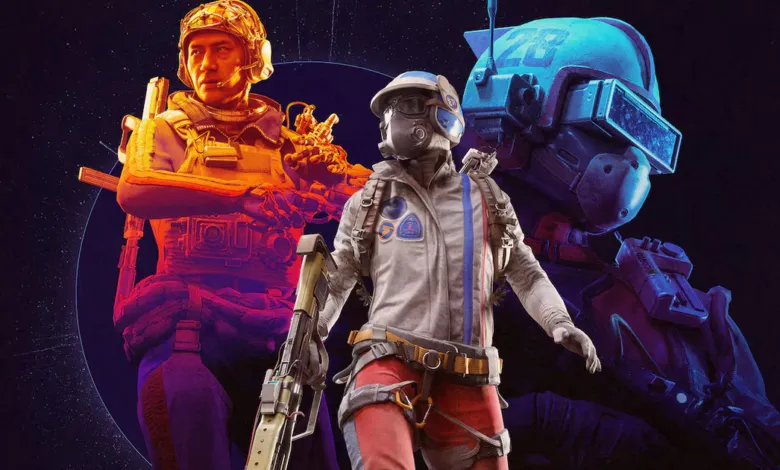 Three futuristic soldiers in tactical gear against a dark, cosmic backdrop.